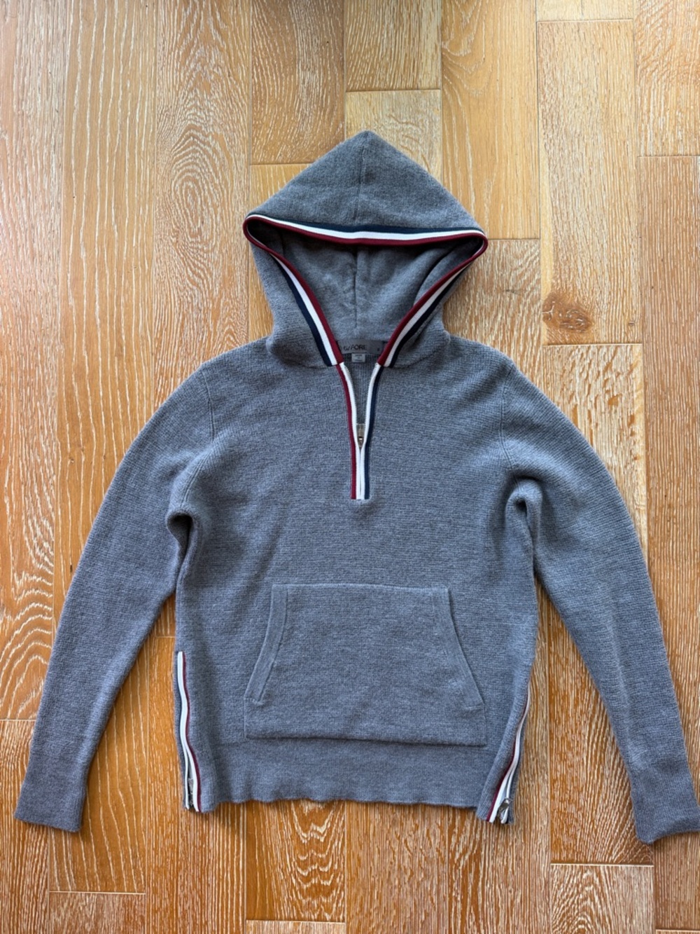 G Fore Gray Hooded Quarter-Zip Sweater with Stripe Trim